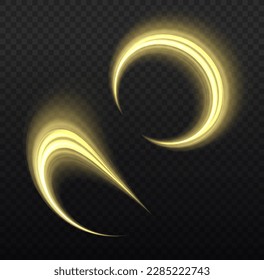 Light sparkling effect. Dynamic golden waves. Luminous gold lines of speed. Magic speed flying trails of shine, bright shimmer particles fly. Yellow glowing motion line. Sparkle twist vector