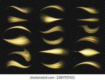 Light sparkling effect. Dynamic golden waves. Luminous gold lines of speed. Magic speed flying trails of shine, bright shimmer particles fly. Yellow glowing motion line. Sparkle twist vector