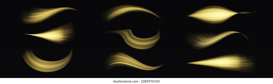 Light sparkling effect. Dynamic golden waves. Luminous gold lines of speed. Magic speed flying trails of shine, bright shimmer particles fly. Yellow glowing motion line. Sparkle twist vector