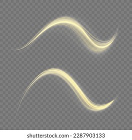 Light sparkling effect. Dynamic golden waves. Luminous gold lines of speed. Magic speed flying trails of shine, bright shimmer particles fly. Yellow glowing motion line. Sparkle twist vector