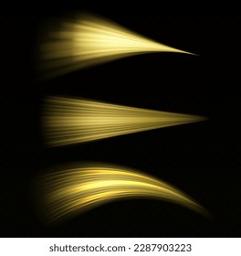 Light sparkling effect. Dynamic golden waves. Luminous gold lines of speed. Magic speed flying trails of shine, bright shimmer particles fly. Yellow glowing motion line. Sparkle twist vector