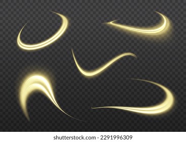 Light sparkling effect. Dynamic golden waves. Luminous gold lines of speed. Magic speed flying trails of shine, bright shimmer particles fly. Yellow glowing motion line. Sparkle twist vector