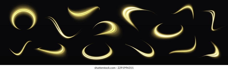 Light sparkling effect. Dynamic golden waves. Luminous gold lines of speed. Magic speed flying trails of shine, bright shimmer particles fly. Yellow glowing motion line. Sparkle twist vector