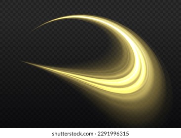 Light sparkling effect. Dynamic golden waves. Luminous gold lines of speed. Magic speed flying trails of shine, bright shimmer particles fly. Yellow glowing motion line. Sparkle twist vector