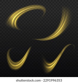 Light sparkling effect. Dynamic golden waves. Luminous gold lines of speed. Magic speed flying trails of shine, bright shimmer particles fly. Yellow glowing motion line. Sparkle twist vector