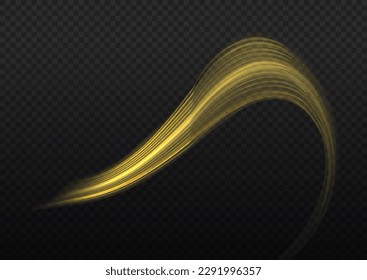 Light sparkling effect. Dynamic golden waves. Luminous gold lines of speed. Magic speed flying trails of shine, bright shimmer particles fly. Yellow glowing motion line. Sparkle twist vector