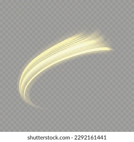 Light sparkling effect. Dynamic golden waves. Luminous gold lines of speed. Magic speed flying trails of shine, bright shimmer particles fly. Yellow glowing motion line. Sparkle twist vector