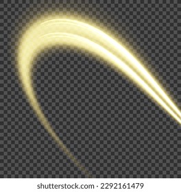 Light sparkling effect. Dynamic golden waves. Luminous gold lines of speed. Magic speed flying trails of shine, bright shimmer particles fly. Yellow glowing motion line. Sparkle twist vector