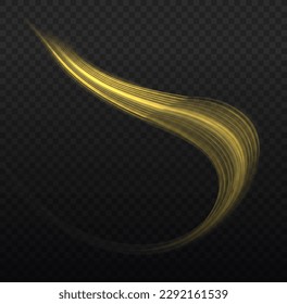 Light sparkling effect. Dynamic golden waves. Luminous gold lines of speed. Magic speed flying trails of shine, bright shimmer particles fly. Yellow glowing motion line. Sparkle twist vector