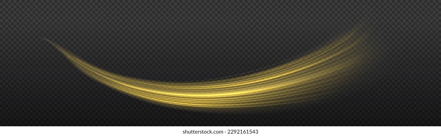 Light sparkling effect. Dynamic golden waves. Luminous gold lines of speed. Magic speed flying trails of shine, bright shimmer particles fly. Yellow glowing motion line. Sparkle twist vector