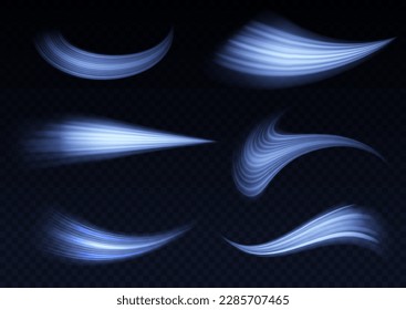 Light sparkling effect. Dynamic waves. Luminous shiny lines of speed. Magic speed flying trails of shine, bright shimmer particles fly. Blue glowing motion line. Sparkle twist vector illustration