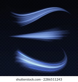 Light sparkling effect. Dynamic waves. Luminous shiny lines of speed. Magic speed flying trails of shine, bright shimmer particles fly. Blue glowing motion line. Sparkle twist vector illustration