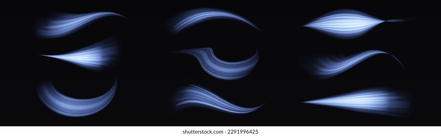 Light sparkling effect. Dynamic waves. Luminous shiny lines of speed. Magic speed flying trails of shine, bright shimmer particles fly. Blue glowing motion line. Sparkle twist vector illustration