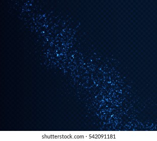 Light sparkling effects on dark transparent background. Shiny blue particles. Vector illustration