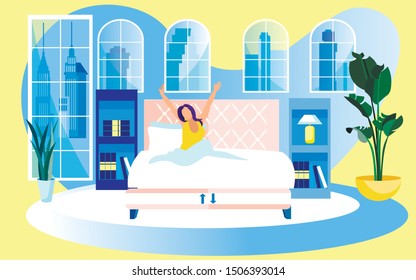 Light Specious Bedroom with Shelving and Planters on Floor. Huge Comfortable Bed with Dual Sided Mattress. Undressed Young Brunette Starting Her Day, Stretching Herself in Bed Early in Morning.