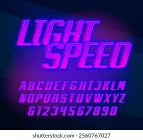 Light Speed alphabet font. Neon light letters and numbers with a speed effect. Stock vector typeface for your design.