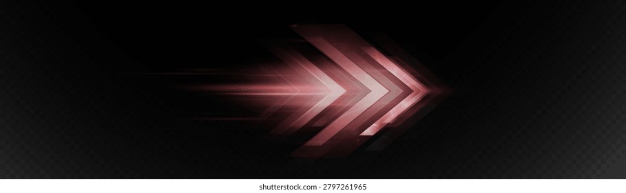 Light speed arrows, bright glowing stripes with a motion blur effect. Vector speed line with direction of movement on a transparent background.