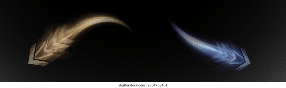 Light speed arrows, bright glowing stripes with a motion blur effect. Vector speed line with direction of movement on a transparent background.