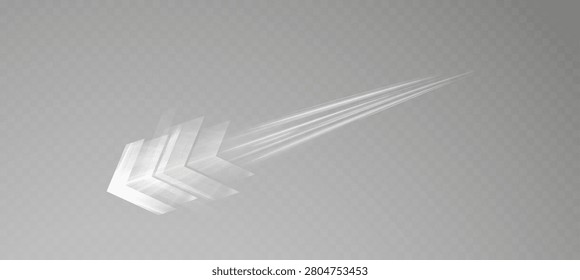 Light speed arrows, bright glowing stripes with a motion blur effect. Vector speed line with direction of movement on a transparent background.