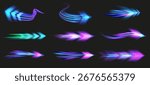 Light speed arrows. Futuristic glowing arrow streaks with high speed motion blur effect, fast pointers and dynamic direction beam with neon glow effect vector set.