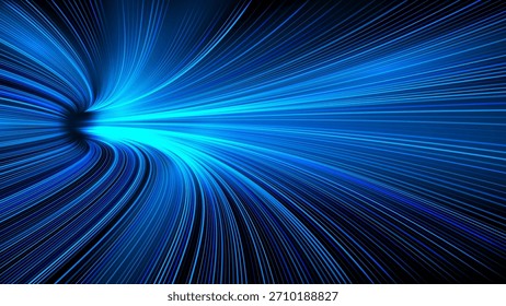 Light speed background. Blue glowing motion lines curve toward bright center creating fast dynamic tunnel effect with vivid energy streaks. Futuristic abstract vector illustration.