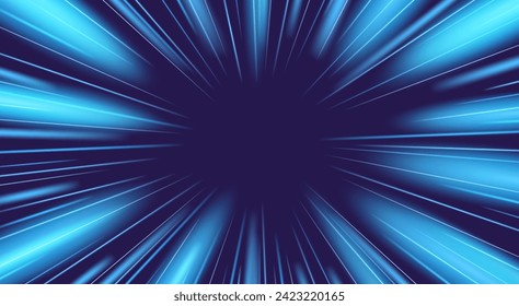 Light speed blue rays, perspective tunnel with neon radial traces. Motion effect and abstract bright zoom road. Comic manga vector illustration