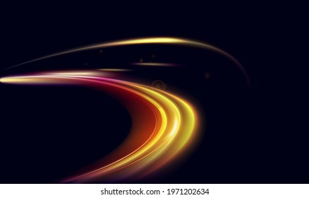 Light speed car trails with motion blur effect vector illustration. Traffic fast urban city auto transport movement at evening, highway dynamic long exposure of automobile lamps on black background