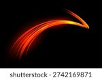 Light speed curve trail. Dynamic curved streaks of glowing red and orange light on dark background create fast motion effect. Smooth bright lines form energetic shape. Abstract vector illustration.