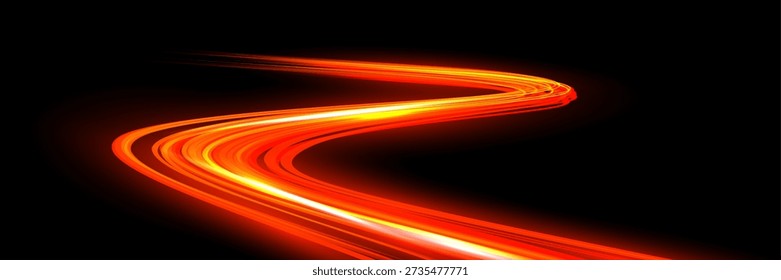 Light speed curve trail. Dynamic curved streaks of glowing red and orange light on dark background create fast motion effect. Smooth bright lines form energetic shape. Abstract vector illustration.