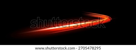 Light speed curve trail. Dynamic curved streaks of glowing red and orange light on dark background create fast motion effect. Smooth bright lines form energetic shape. Abstract vibrant vector
