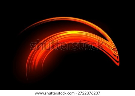 Light speed curve trail. Dynamic curved streaks of glowing red and orange light on dark background create fast motion effect. Smooth bright lines form energetic shape. Abstract vector illustration.