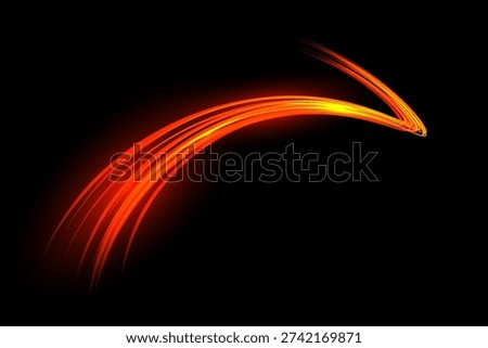 Light speed curve trail. Dynamic curved streaks of glowing red and orange light on dark background create fast motion effect. Smooth bright lines form energetic shape. Abstract vector illustration.