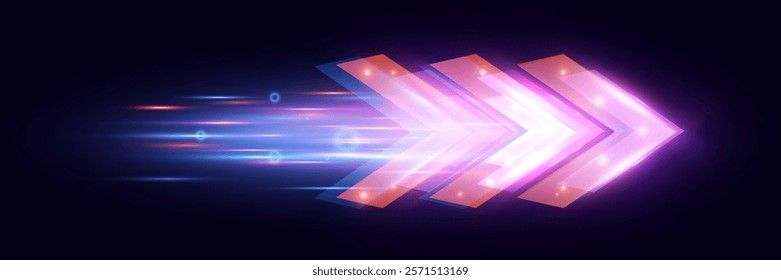 Light and speed dynamic glowing arrow on dark background, futuristic design with vibrant colors and motion effects, suitable for technology, progress, or direction concepts.	