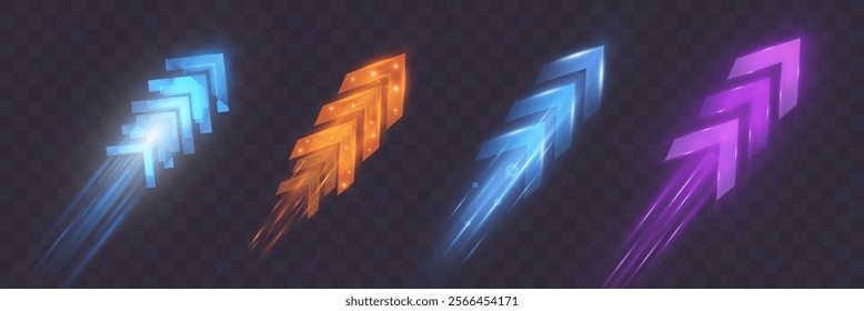 Light and speed dynamic glowing arrows on dark background, futuristic design with vibrant colors and motion effects, suitable for technology, progress, or direction concepts.