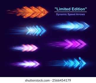 Light and speed dynamic glowing arrows on dark background, futuristic design with vibrant colors and motion effects, suitable for technology, progress, or direction concepts.