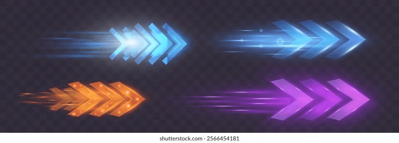 Light and speed dynamic glowing arrows on dark background, futuristic design with vibrant colors and motion effects, suitable for technology, progress, or direction concepts.
