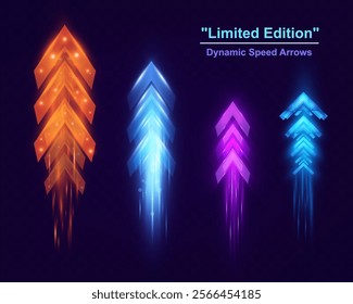 Light and speed dynamic glowing arrows on dark background, futuristic design with vibrant colors and motion effects, suitable for technology, progress, or direction concepts.