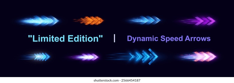 Light and speed dynamic glowing arrows on dark background, futuristic design with vibrant colors and motion effects, suitable for technology, progress, or direction concepts.