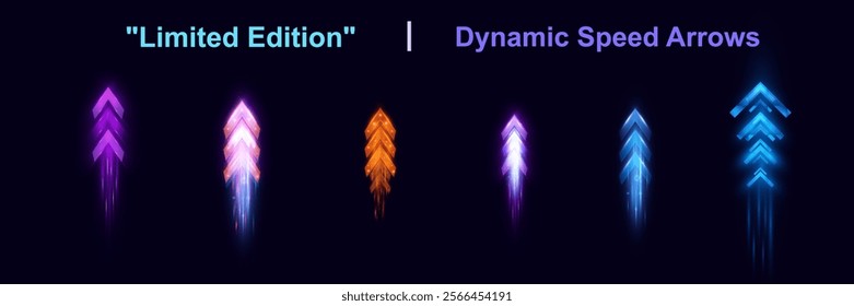 Light and speed dynamic glowing arrows on dark background, futuristic design with vibrant colors and motion effects, suitable for technology, progress, or direction concepts.