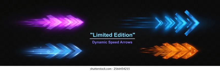 Light and speed dynamic glowing arrows on dark background, futuristic design with vibrant colors and motion effects, suitable for technology, progress, or direction concepts.