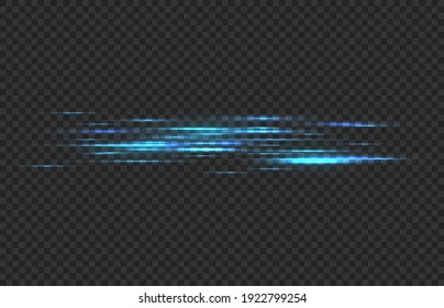 Light speed lines. Blue neon glow in dark stripes, laser stream, car fast motion trail effect, dark backdrop with flash, power tails isolated vector illustration isolated on transparent background