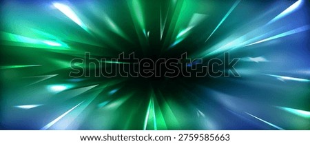 Light speed lines burst from black center. Vector realistic illustration of radial neon green and blue rays zoom out, light refraction through crystal prism, abstract tunnel perspective, motion effect