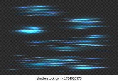 Light Speed Lines. Car Fast Motion Trail Effect, Horizontal Blue Neon Linear Glow. Laser Stream, Quick Movement, Power Tails Isolated Vector Set Isolated On Transparent Background