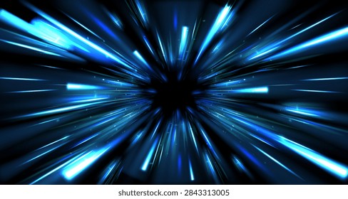 Light speed motion background with blue neon lines and dynamic warp effect. Abstract vector design of space tunnel with radial star burst perspective and glowing trails, color explosion beams