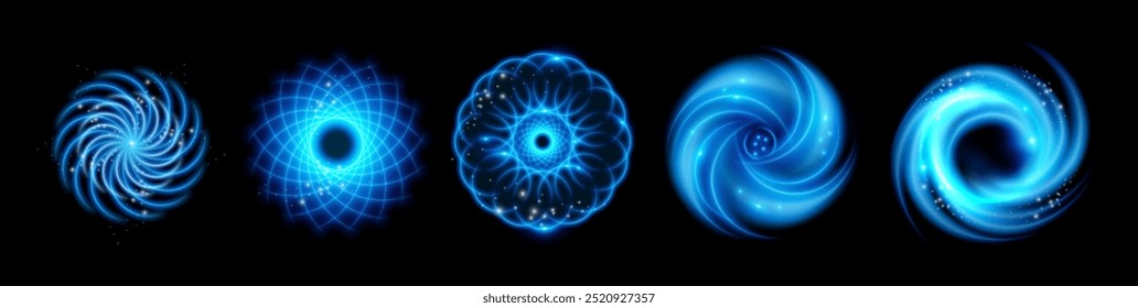 Movimento em velocidade leve, conjunto isolado de redemoinho mágico. Efeito de neon de trilha de brilho vetorial para feitiços em jogos de fantasia. Elemento de desfoque espiral circular. Ativo de traço de energia abstrato, curvas e formas brilhantes