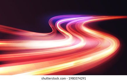 Light speed motion trail, blur streak effect vector illustration. Long exposure fast car transport lights on road city tunnel dark background, blurred shine lamp tails, abstract highway transportation