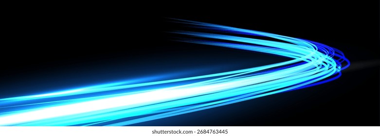 Light speed trail. Curved glowing blue wave on black background. Bright dynamic energy lines with motion blur and radiant white core. Futuristic abstract vector illustration.