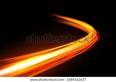 Light speed trail. Curved glowing orange and yellow wave on black background. Dynamic energy lines with motion blur and bright central beam. Futuristic abstract vector illustration.