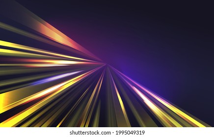 Light speed transport car flare effect, abstract fast motion on city road at night vector illustration. Dynamic neon rays and lines glow, glowing futuristic energy on transparent dark background