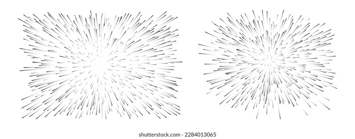 Light speed or velocity, motion and fast movement. Burst or blur of burst. Monochrome blurry lines and dynamic objects, celestial bodies. Vector illustration